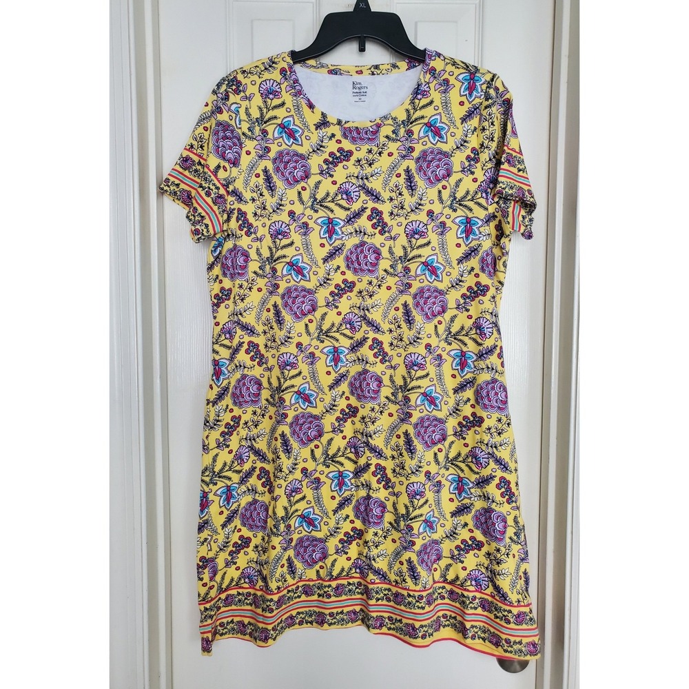 Kim Rogers T-Shirt Dress Yellow Floral Print Short Sleeve Cotton Casual Size M